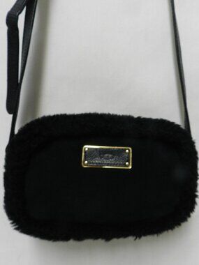 UGG Suede Leather Shearling black small crossbody bag purse zip top adjustable